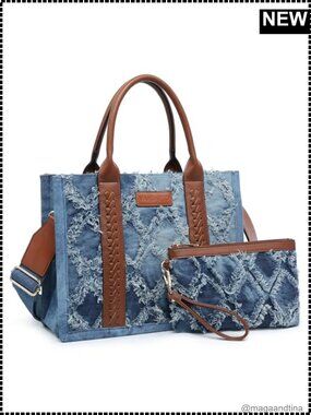 Denim Tote Bag Quilted Diamond Vegan Leather Satchel with Wristlet